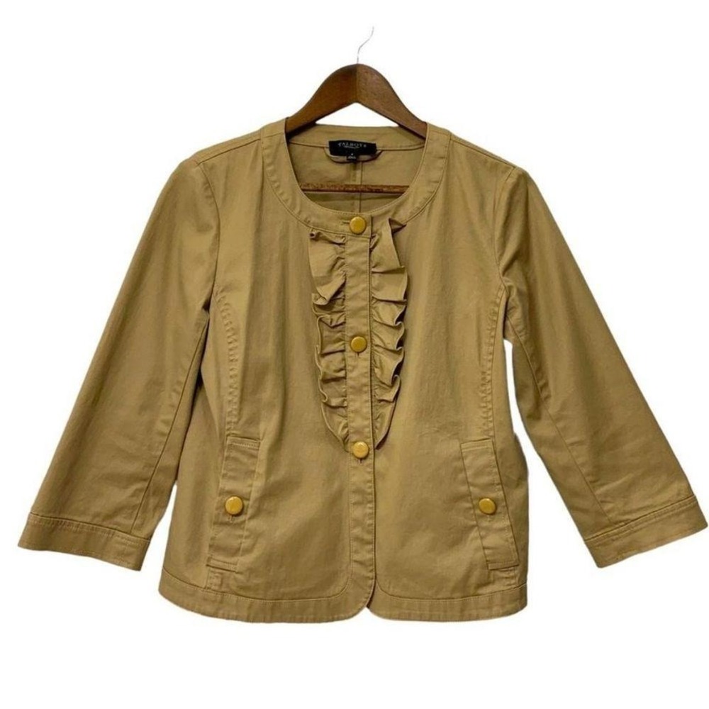 Talbots Stretch Tan 3/4 Sleeve Relaxed Blazer Light Jacket 14 Ruffle‎ Front
